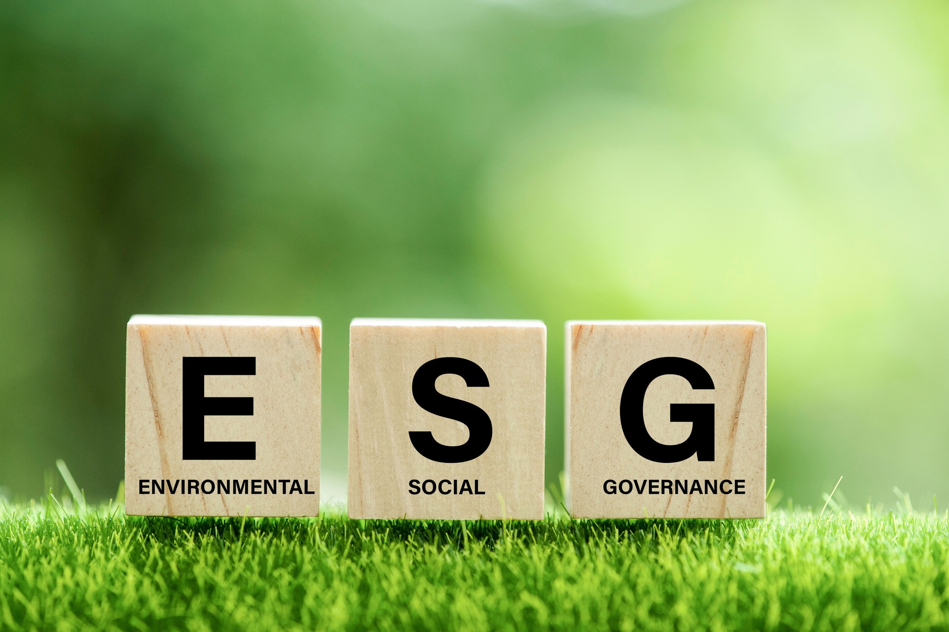 words ESG on a wood block and Future environmental conservation and sustainable ESG modernization development by using the technology of renewable resources to reduce pollution and carbon emission.